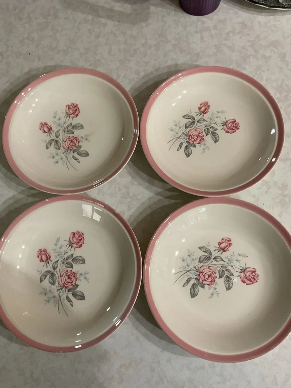 Vintage Floral Serving Bowl with Pink Rim. Set of 4